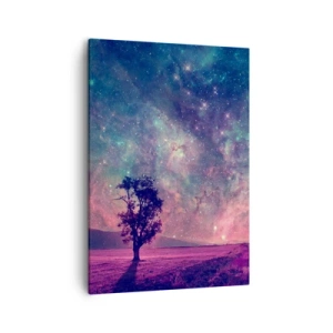 Quadro su tela - Stampe su Tela - Un albero contro un cielo stellato nei colori viola e blu - 50x70cm - Sotto un cielo magico - Decorazione murale moderna per soggiorno e camera da letto ARTTOR
