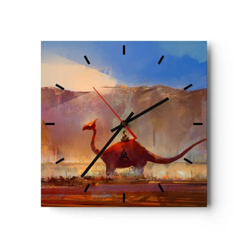Orologio da parete - Orologio in Vetro - Una scena fantasy con un cavaliere su una creatura preistorica - 30x30cm - Se non si fossero estinti - Decorazione murale moderna per soggiorno e camera da letto ARTTOR