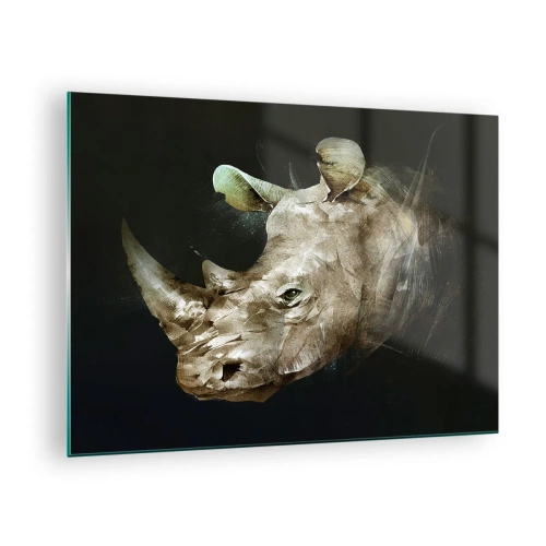 Quadro su vetro - Rappresentazione artistica di una testa di rinoceronte su uno sfondo scuro - 70x50cm - Vera forza mascolina - Decorazione murale moderna per soggiorno e camera da letto ARTTOR