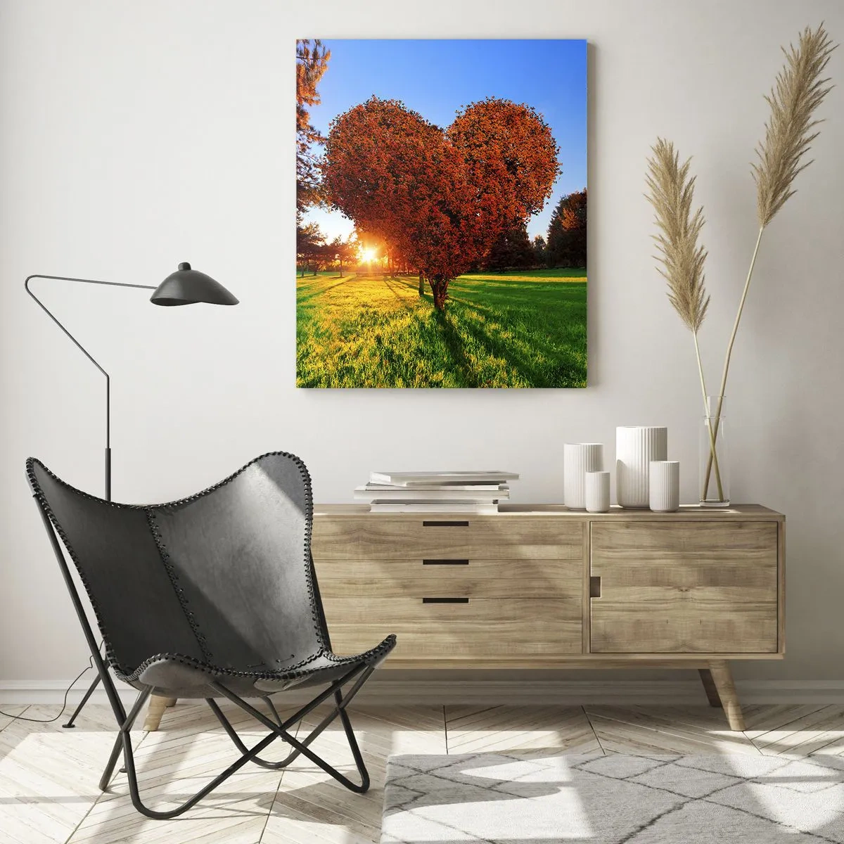 Quadro su vetro - Un albero a forma di cuore sullo sfondo del sole al tramonto - 50x70cm - Come non amare l'autunno - Decorazione murale moderna per soggiorno e camera da letto ARTTOR