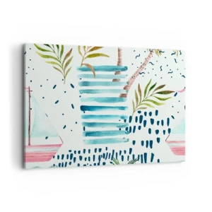 Quadro su tela - Stampe su Tela - Motivo astratto con palme e accenti nautici - 120x80cm - Vacanze sotto le palme - Decorazione murale moderna per soggiorno e camera da letto ARTTOR