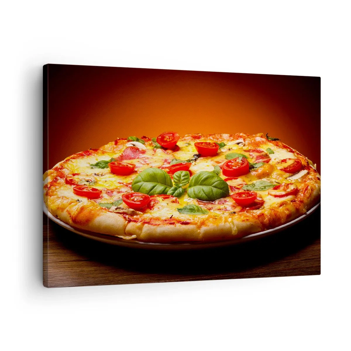 Quadro su tela - Stampe su Tela - Pizza con pomodori e basilico su un tavolo di legno - 70x50cm - Mamma mia! - Decorazione murale moderna per soggiorno e camera da letto ARTTOR