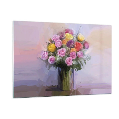 Quadro su vetro - Un mazzo di rose in un vaso di vetro su uno sfondo pastello - 120x80cm - Bellezza immobile - Decorazione murale moderna per soggiorno e camera da letto ARTTOR