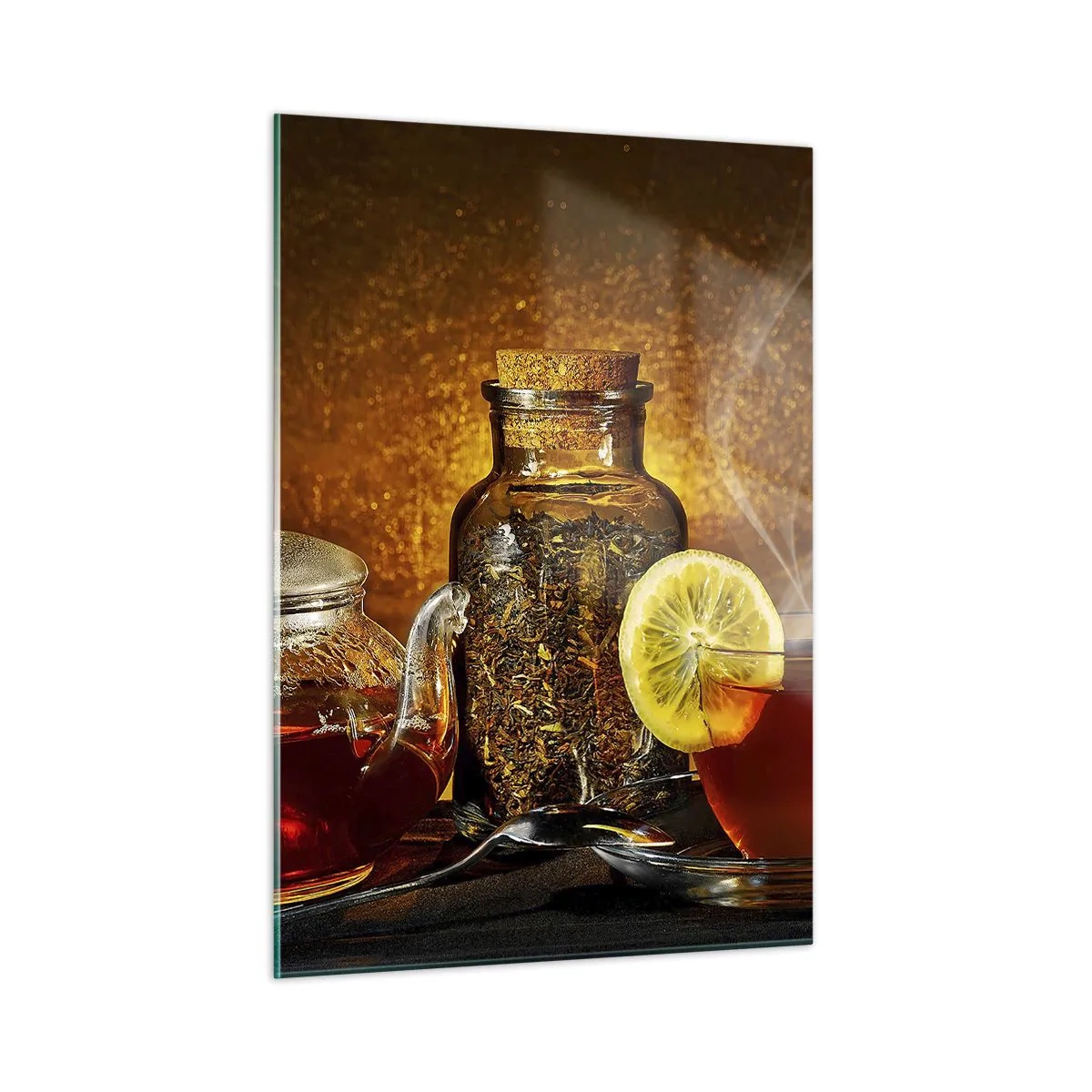 Quadro su vetro - Una teiera di vetro e una tazza di tè al limone - 50x70cm - Nello stile dei maestri olandesi - Decorazione murale moderna per soggiorno e camera da letto ARTTOR