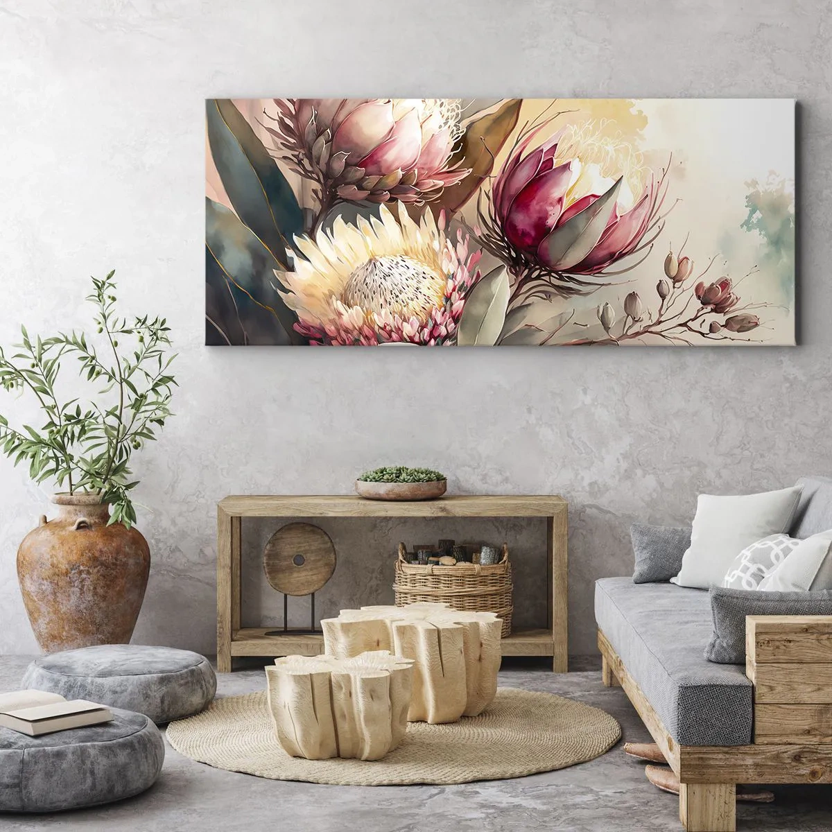 Quadro su tela - Stampe su Tela - Fiori di protea in delicate tonalità pastello - 120x50cm - Di profilo e di fronte - Decorazione murale moderna per soggiorno e camera da letto ARTTOR