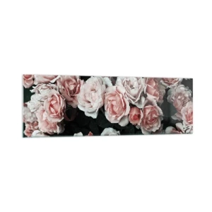 Quadro su vetro - Rose rosa su sfondo scuro in una composizione delicata - 160x50cm - Composizione di rose - Decorazione murale moderna per soggiorno e camera da letto ARTTOR