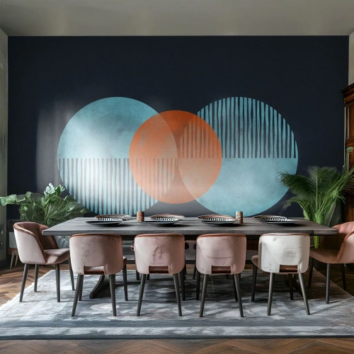 Fotomurali Standard Eco - Grafica geometrica moderna con cerchi nei toni del blu e dell'arancione - 100x70cm - Composizione simmetrica - Decorazione murale moderna per soggiorno e camera da letto ARTTOR