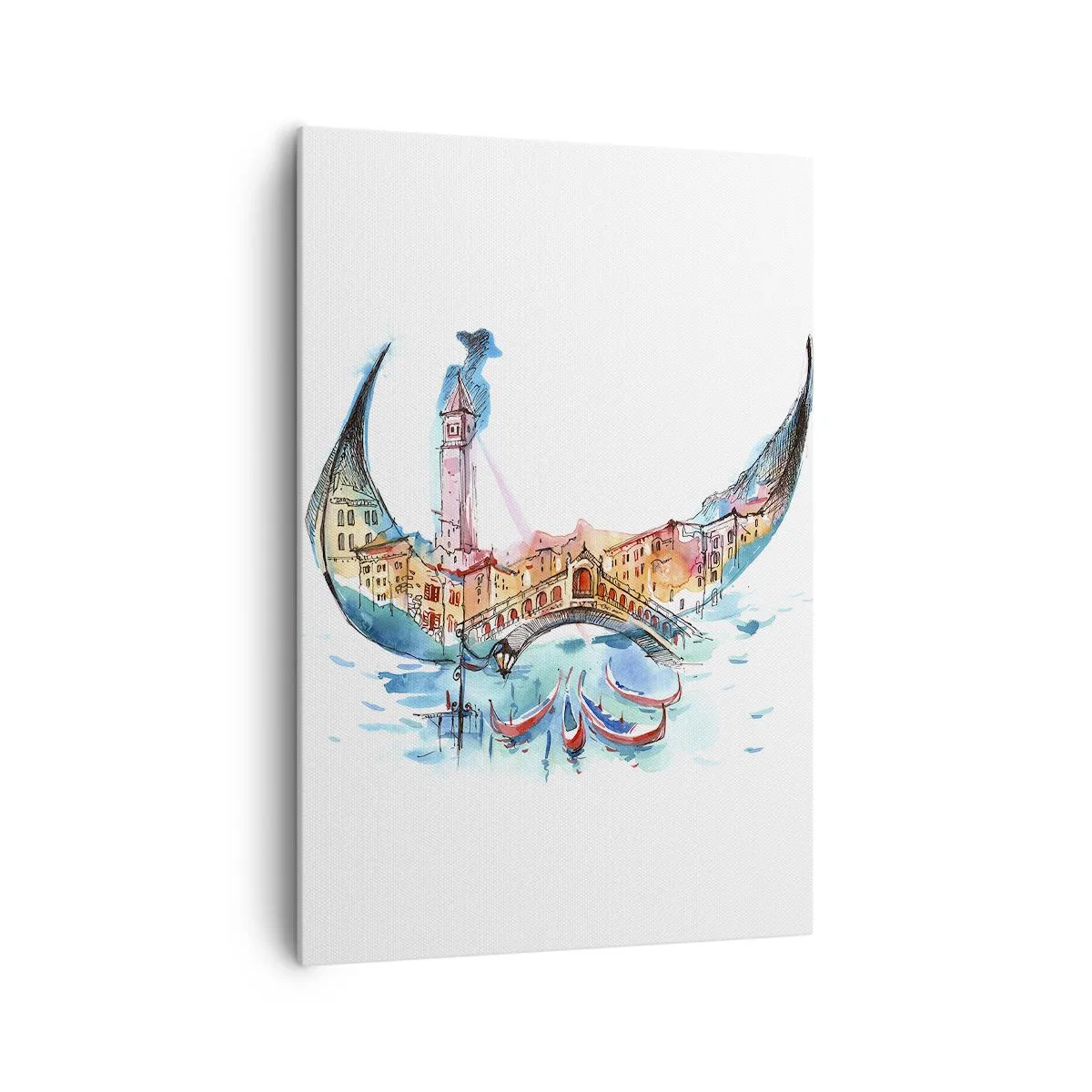 Quadro su tela - Stampe su Tela - Una composizione ad acquerello di Venezia a forma di gondola - 70x100cm - Navighiamo dentro la città - Decorazione murale moderna per soggiorno e camera da letto ARTTOR