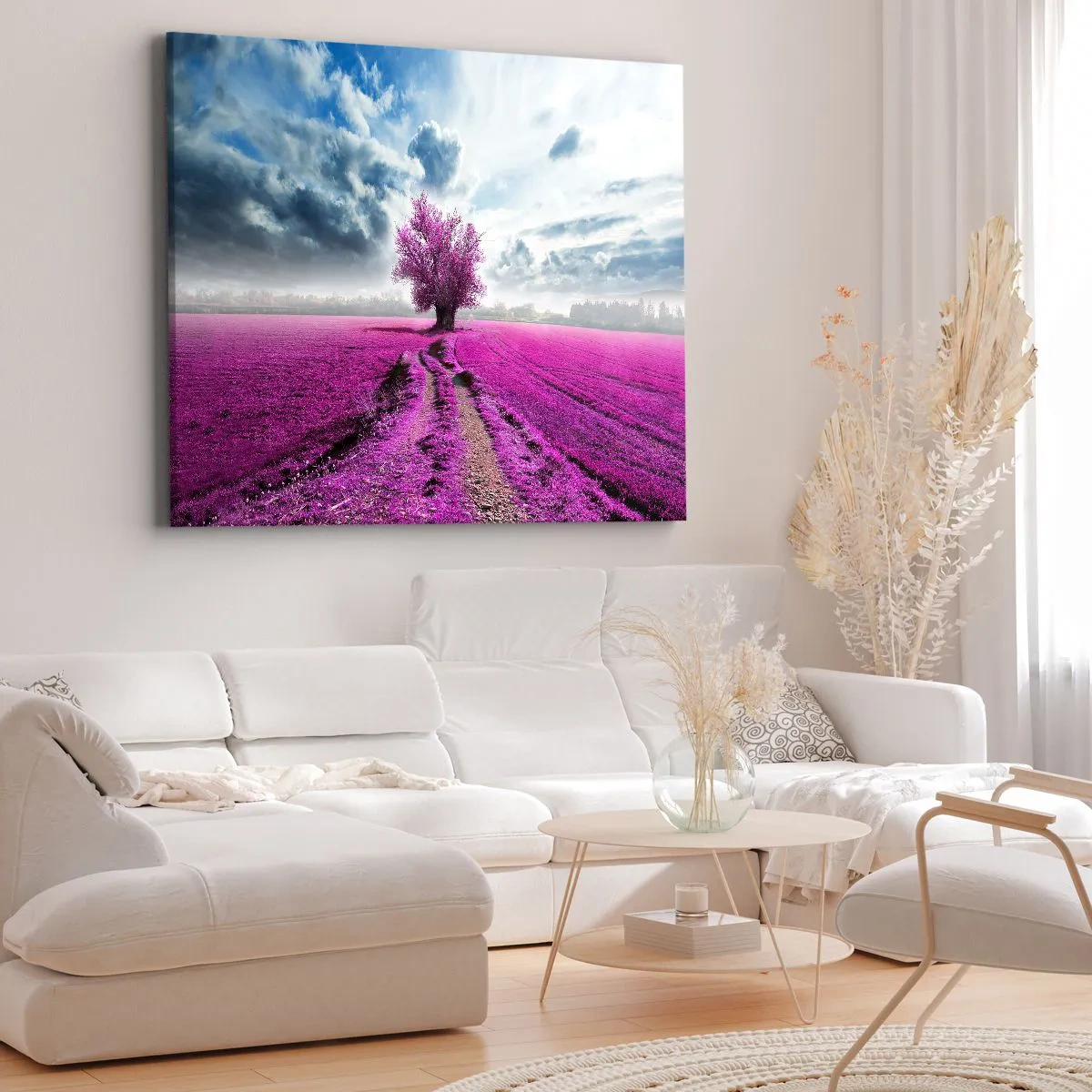 Quadro su tela - Stampe su Tela - Un albero solitario in un campo in una tonalità di rosa intenso - 100x70cm - Brughiera selvatica - Decorazione murale moderna per soggiorno e camera da letto ARTTOR