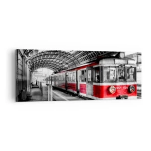 Quadro su tela - Stampe su Tela - Trenino rosso alla stazione sotto un tetto - 140x50cm - Sarà il viaggio della propria vita? - Decorazione murale moderna per soggiorno e camera da letto ARTTOR