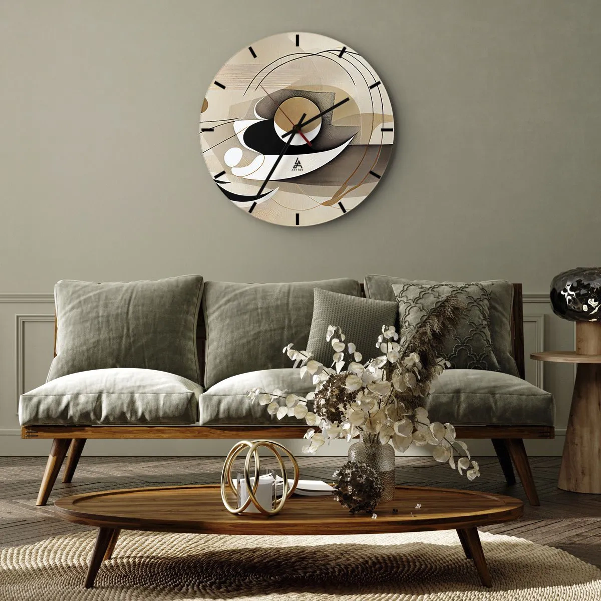 Orologio da parete - Orologio in Vetro - Una composizione geometrica con archi e forme nei toni del beige. - 30x30cm - Composizione: l'essenza delle cose - Decorazione murale moderna per soggiorno, cucina e camera da letto ARTTOR