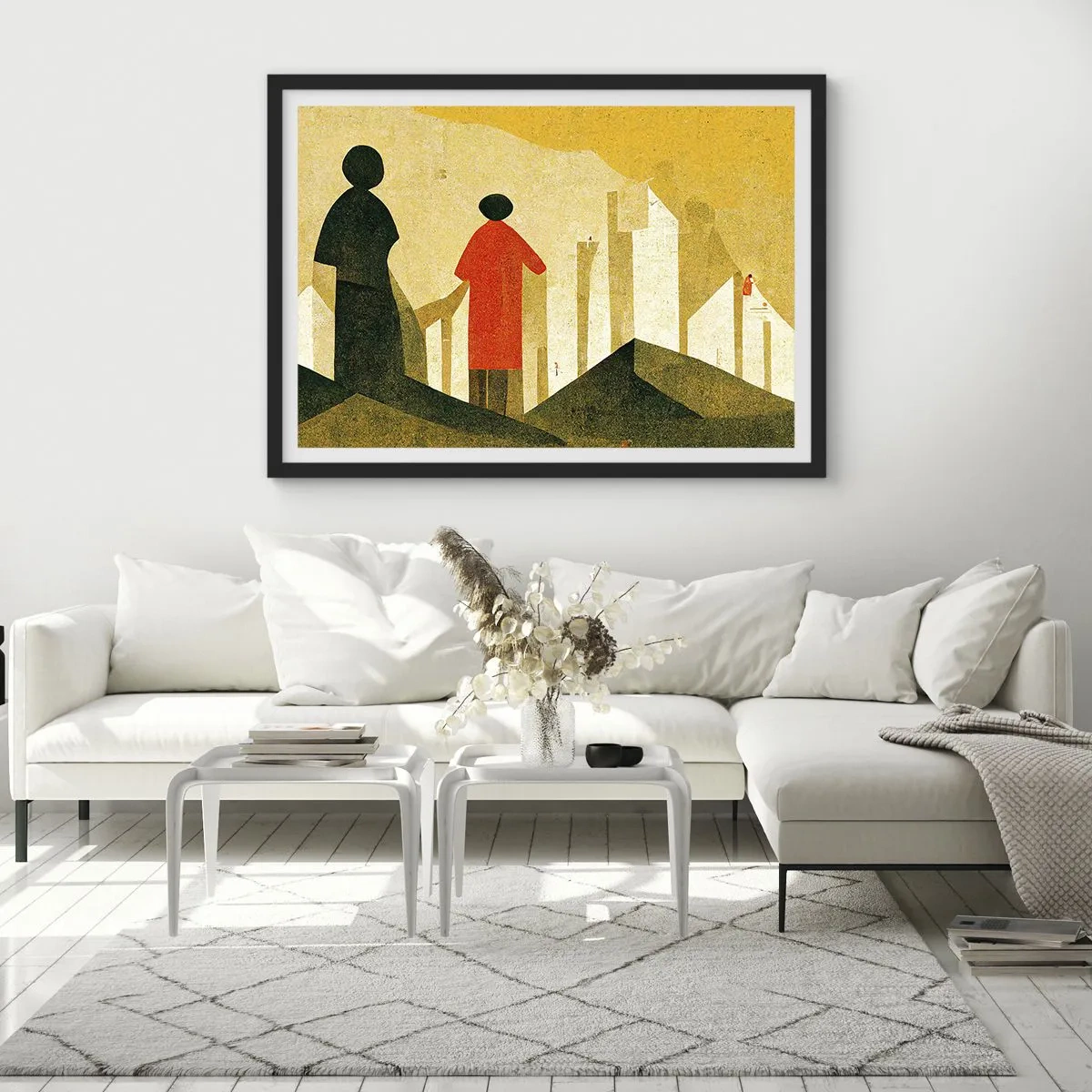 Poster in cornice nera - Silhouette geometriche in rosso e verde su sfondo giallo - 70x50cm - La strada è ancora lunga - Decorazione murale moderna per soggiorno e camera da letto ARTTOR