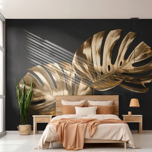 Fotomurali Premium Canvas - I tesori della natura - Astrazione, Foglie dorate, Foglia di Monstera - 250x175 cm