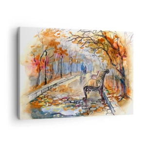 Quadro su tela - Stampe su Tela - Un parco autunnale con una panchina in acquerello - 70x50cm - Passeggiando insieme l'autunno - Decorazione murale moderna per soggiorno e camera da letto ARTTOR