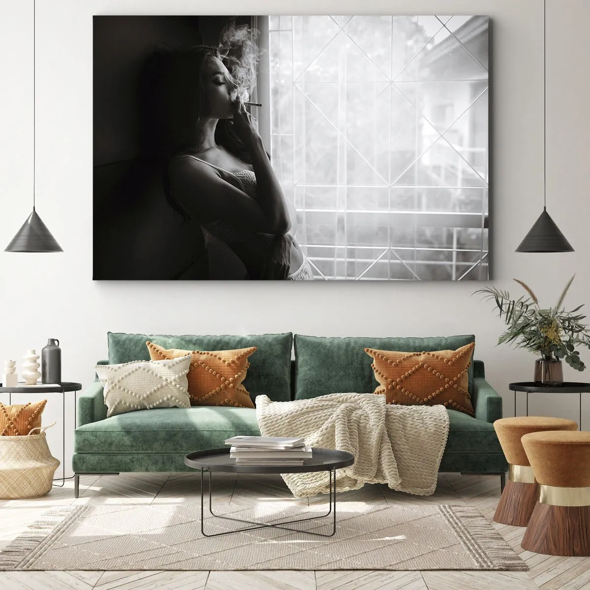Quadro su tela - Stampe su Tela - Una donna in posa sensuale in una fotografia in bianco e nero - 70x50cm - Attimo sensuale - Decorazione murale moderna per soggiorno e camera da letto ARTTOR