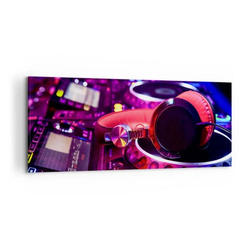 Quadro su tela - Stampe su Tela - Cuffie da DJ su una console con illuminazione al neon - 120x50cm - Prima che inizi la festa - Decorazione murale moderna per soggiorno e camera da letto ARTTOR