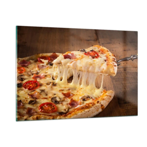 Quadro su vetro - Pizza con formaggio filante, pomodori e prosciutto su fondo di legno - 120x80cm - Capolavoro di arte italiana - Decorazione murale moderna per soggiorno e camera da letto ARTTOR