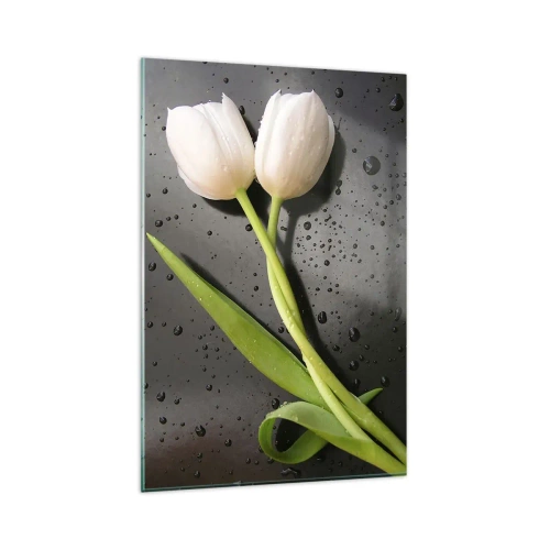 Quadro su vetro - Tulipani bianchi su sfondo nero con gocce d'acqua - 80x120cm - Intreccio primaverile - Decorazione murale moderna per soggiorno e camera da letto ARTTOR