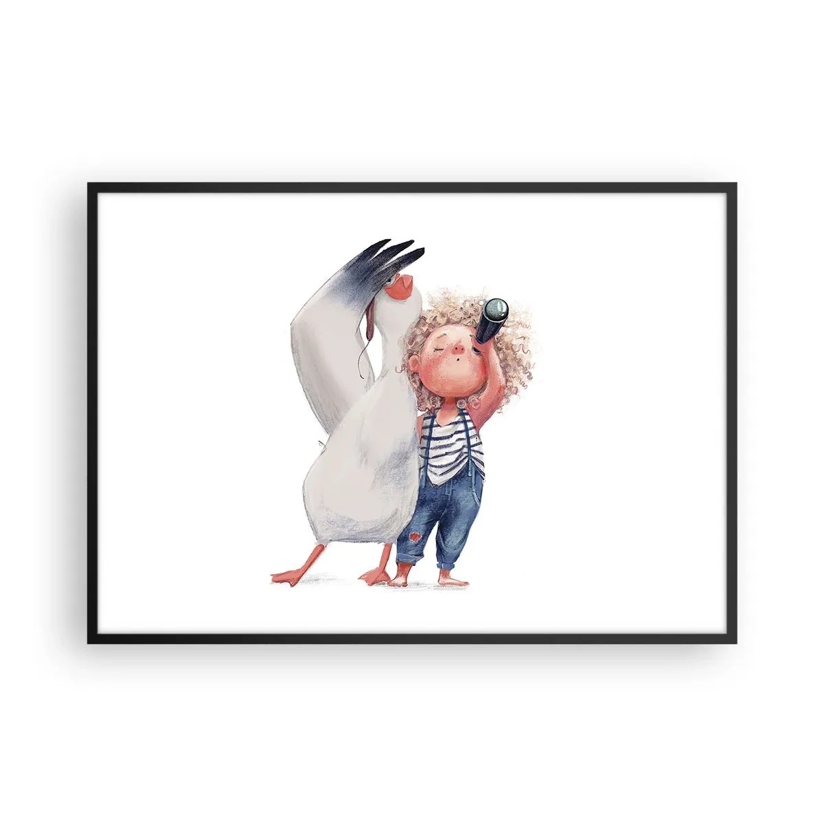Poster in cornice nera - Illustrazione di un bambino con un pellicano e un telescopio in mano - 100x70cm - Il progetto di un grande viaggio - Decorazione murale moderna per soggiorno e camera da letto ARTTOR