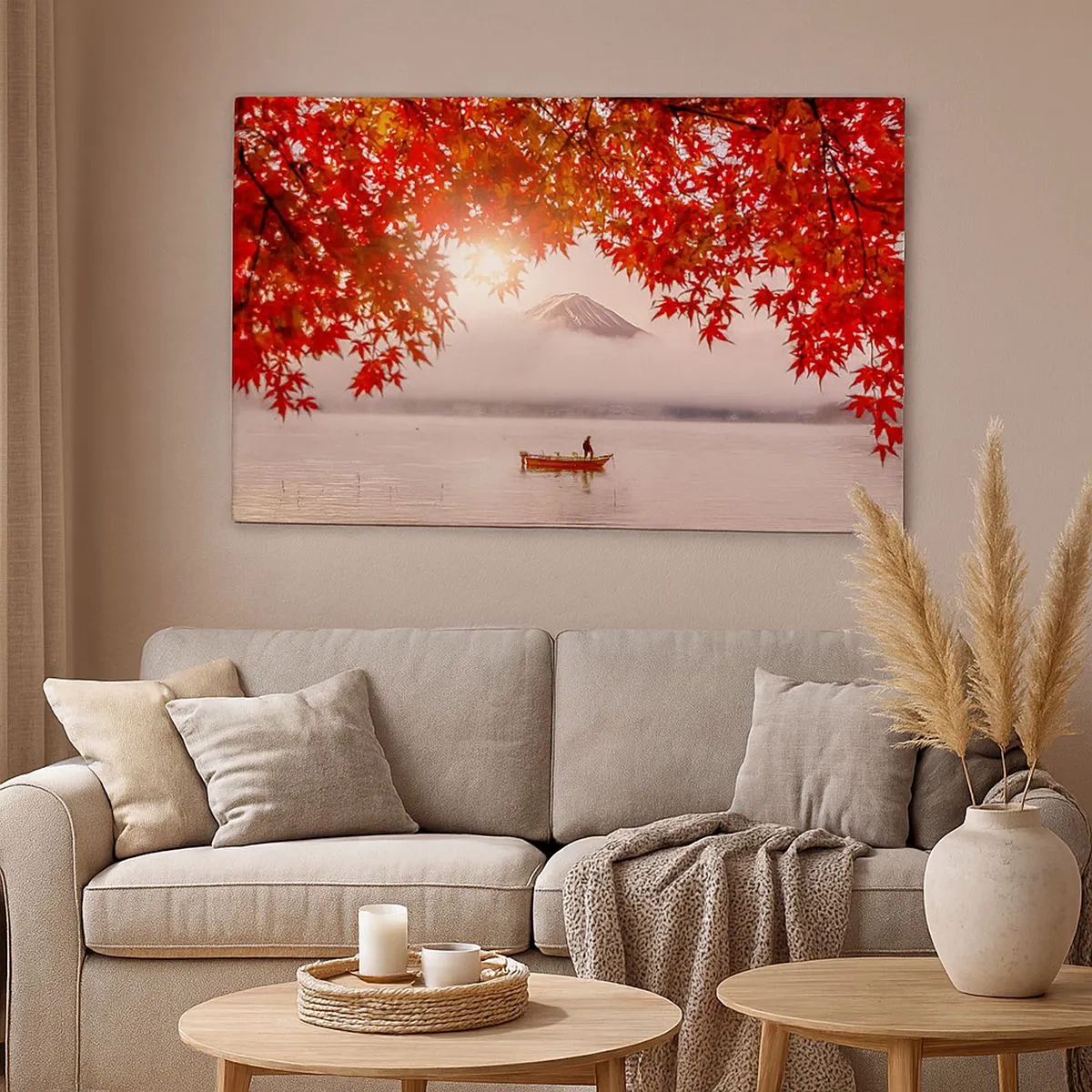 Quadro su tela - Stampe su Tela - Una barca su un lago circondata da foglie di acero rosso - 70x50cm - Nell'atmosfera del Giappone - Decorazione murale moderna per soggiorno e camera da letto ARTTOR