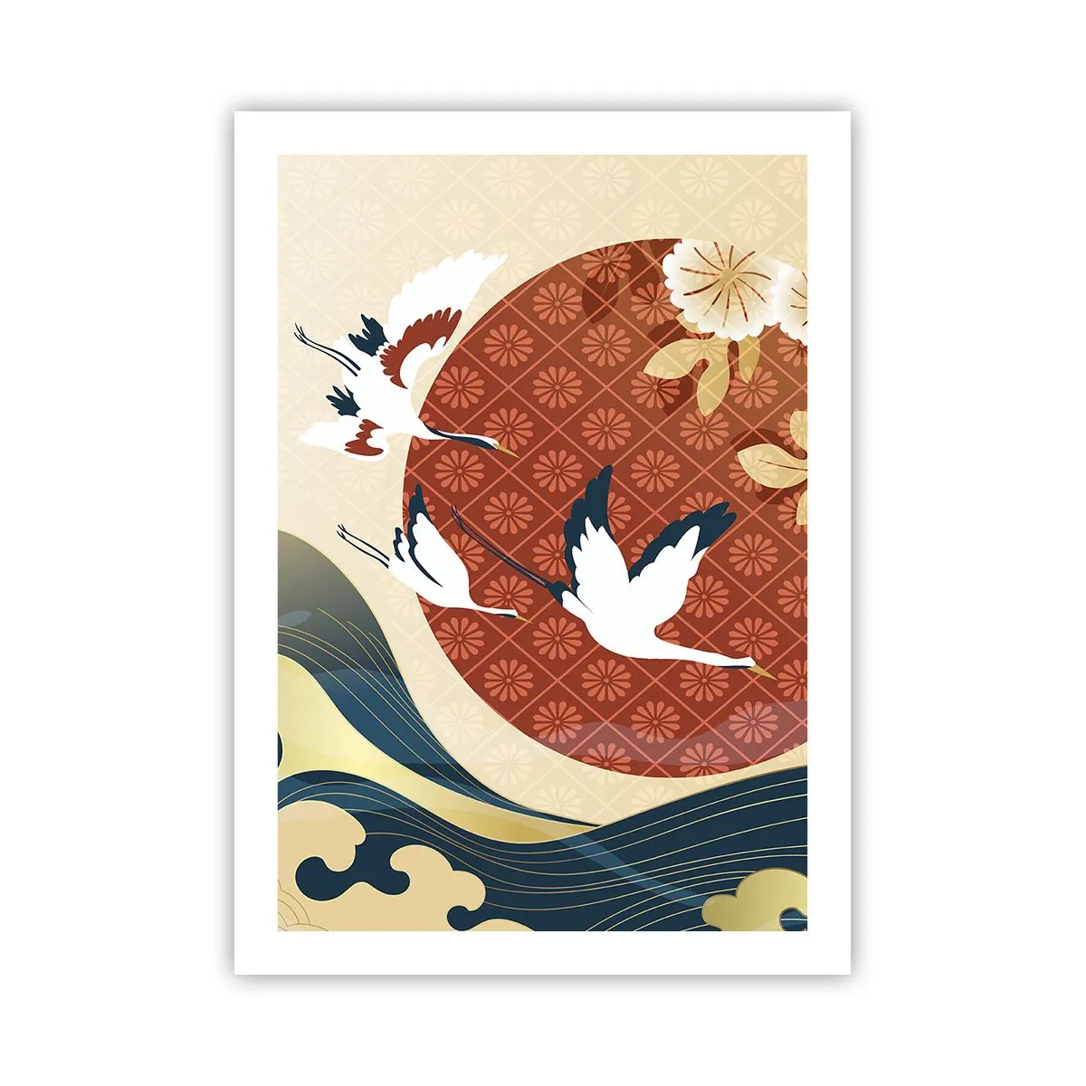 Poster - Composizione giapponese con gru, onde e un cerchio rosso - 50x70cm - Favola giapponese - Decorazione murale moderna per soggiorno e camera da letto ARTTOR
