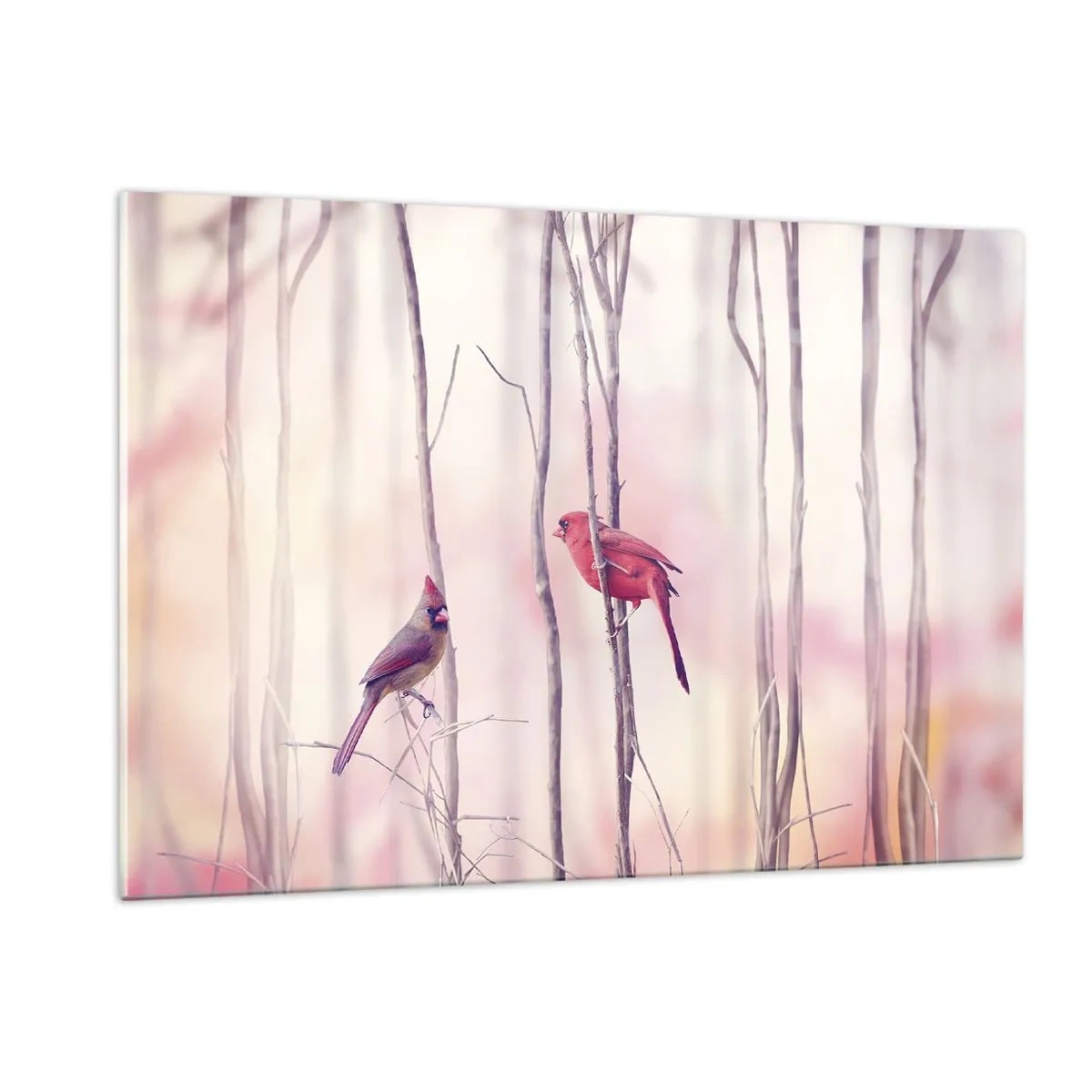 Quadro su vetro - Due uccelli tra delicati ramoscelli dai toni pastello - 120x80cm - Il racconto del bosco rosa - Decorazione murale moderna per soggiorno e camera da letto ARTTOR