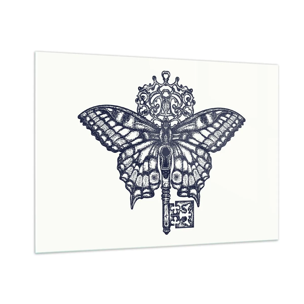 Quadro su vetro - Illustrazione di una farfalla con una chiave al centro - 100x70cm - Tutti i segreti del cuore - Decorazione murale moderna per soggiorno e camera da letto ARTTOR