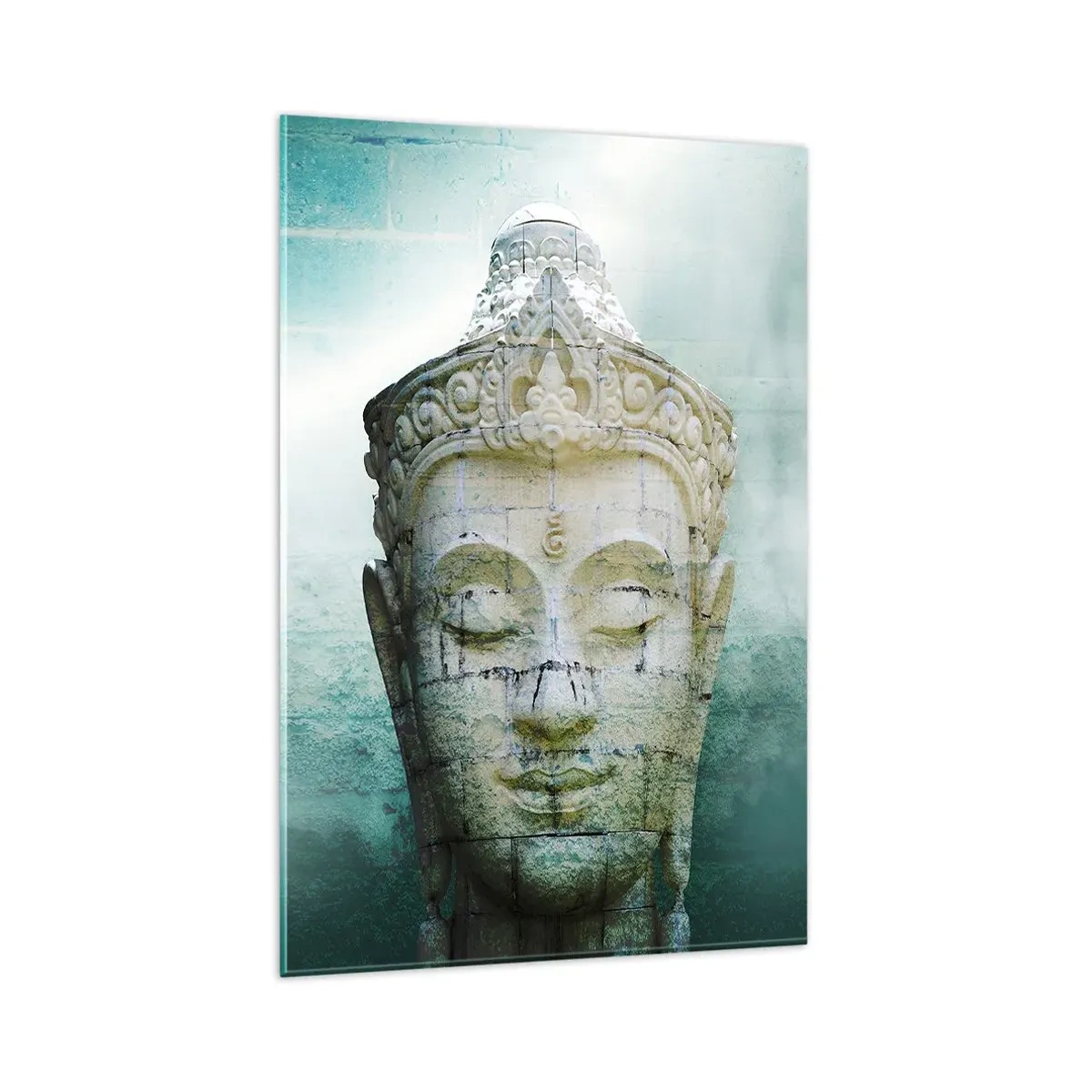 Quadro su vetro - Statua del Buddha con una leggera nebbia su uno sfondo verde - 80x120cm - Cercando la luce - Decorazione murale moderna per soggiorno e camera da letto ARTTOR