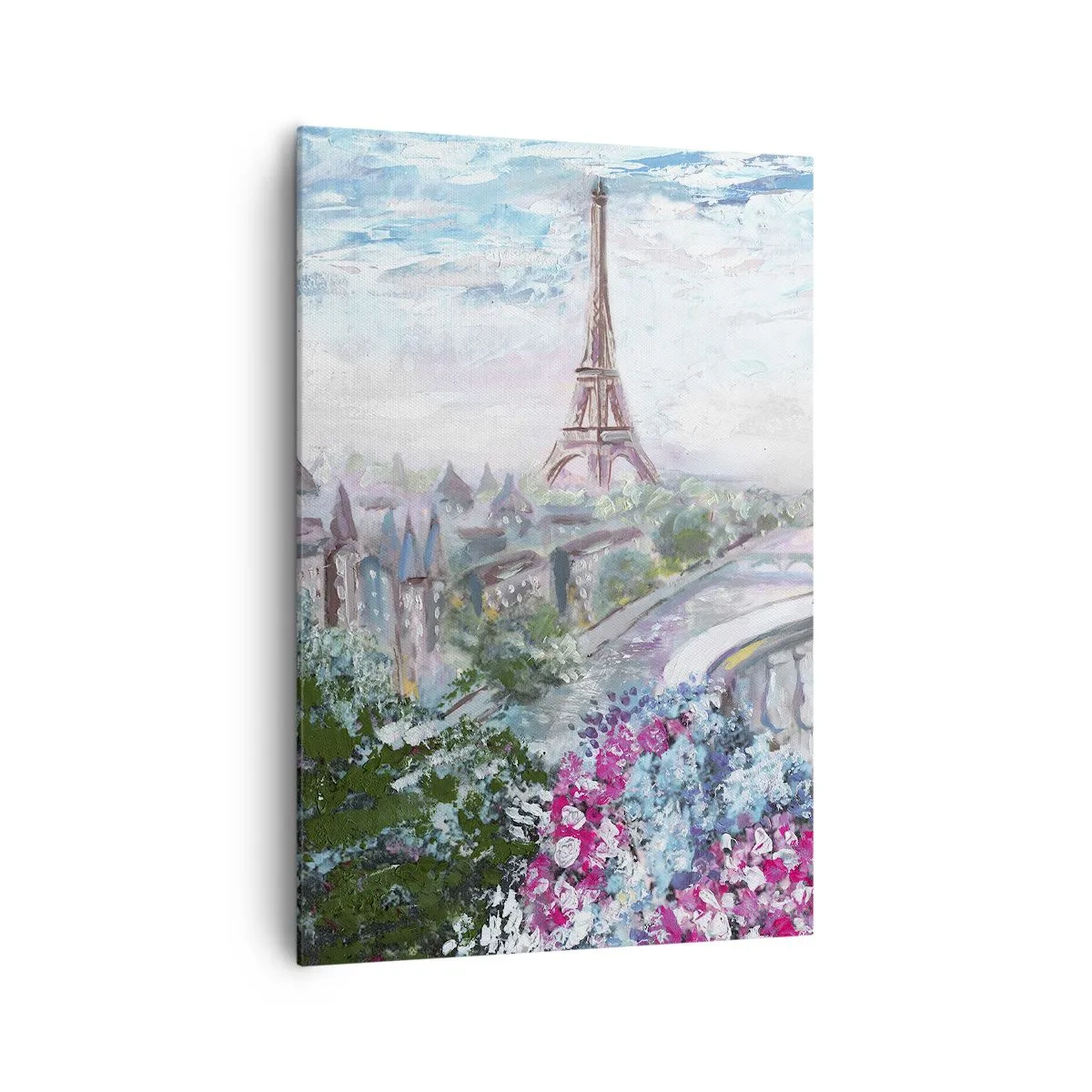 Quadro su tela - Stampe su Tela - Una vista romantica di Parigi con la Torre Eiffel e un balcone pieno di fiori - 70x100cm - Bellissimo qui a maggio - Decorazione murale moderna per soggiorno e camera da letto ARTTOR