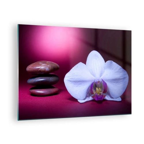 Quadro su vetro - Orchidea bianca e pietre su uno sfondo di luce viola - 70x50cm - Studio di freschezza in viola - Decorazione murale moderna per soggiorno e camera da letto ARTTOR