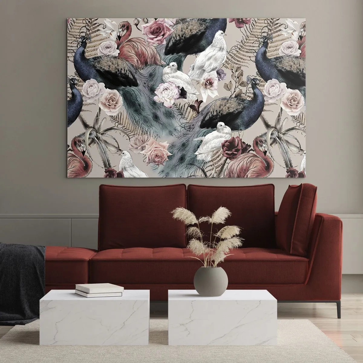 Quadro su vetro - Pavoni e fenicotteri circondati da rose e felci - 70x50cm - Nel giardino del palazzo - Decorazione murale moderna per soggiorno e camera da letto ARTTOR