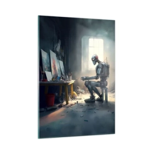 Quadro su vetro - Un robot che dipinge quadri in uno studio d'arte - 50x70cm - Atto creativo - Decorazione murale moderna per soggiorno e camera da letto ARTTOR