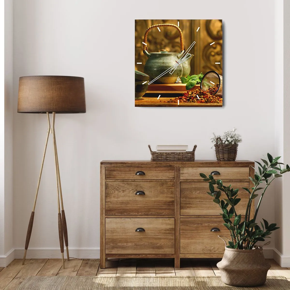 Orologio da parete - Orologio in Vetro - Brocca in ceramica con tazze e tè essiccato - 30x30cm - Trattato sul tè - Decorazione murale moderna per soggiorno e camera da letto ARTTOR