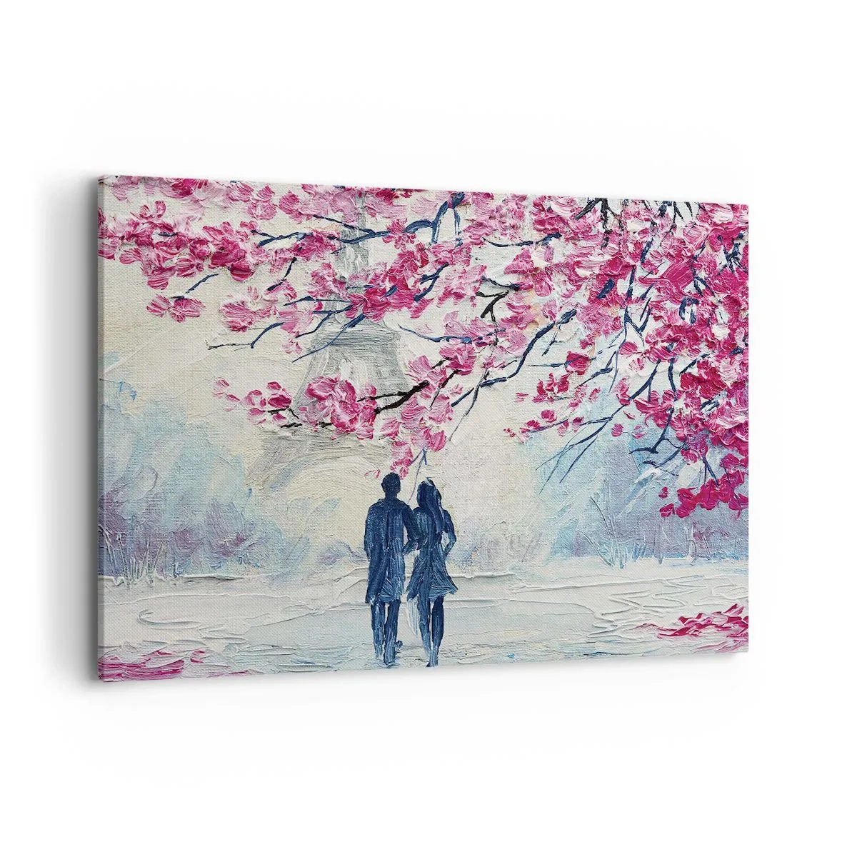 Quadro su tela - Stampe su Tela - Una coppia sotto alberi rosa in fiore in un ambiente romantico - 120x80cm - Passeggiata romantica - Decorazione murale moderna per soggiorno e camera da letto ARTTOR