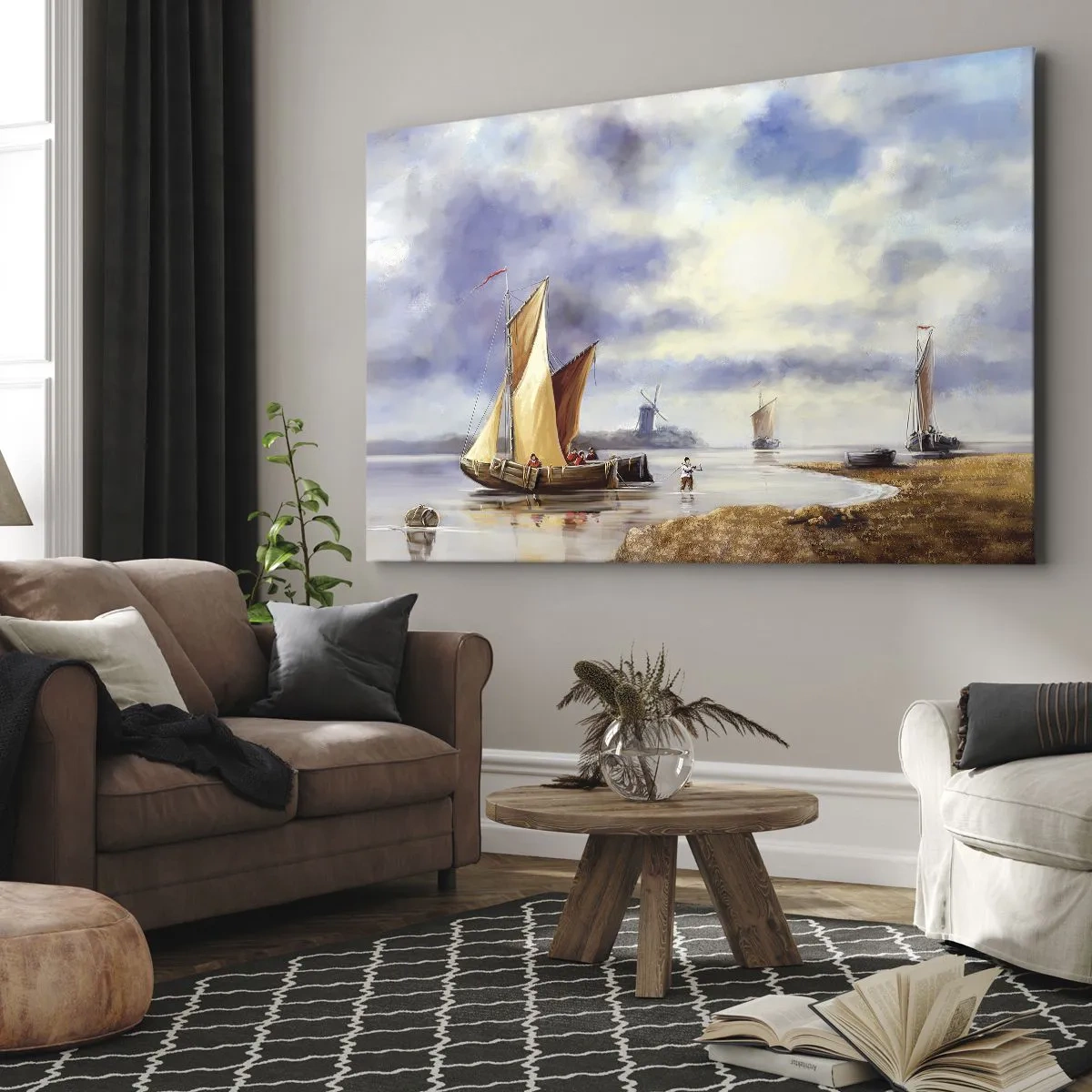 Quadro su tela - Stampe su Tela - Barche a vela su acque calme con mulini a vento sullo sfondo - 120x80cm - Il ritorno dei marinai - Decorazione murale moderna per soggiorno e camera da letto ARTTOR