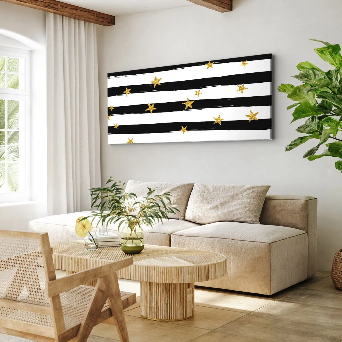 Quadro su tela - Stampe su Tela - Strisce bianche e nere con stelle dorate - 160x50cm - Siamo tutti nati sotto una buona stella - Decorazione murale moderna per soggiorno e camera da letto ARTTOR