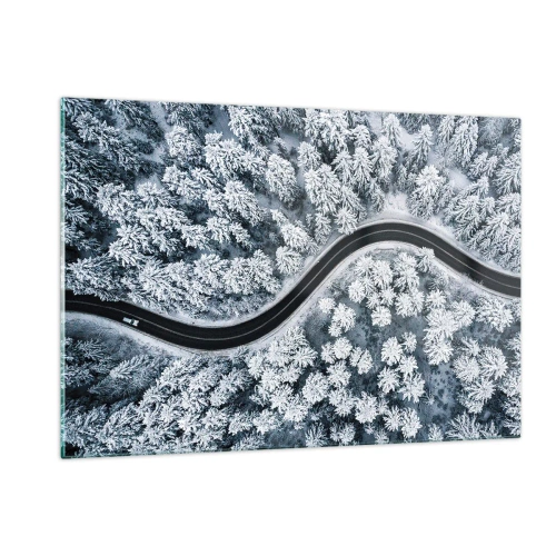 Quadro su vetro - Una strada tortuosa attraverso una foresta invernale vista da un drone - 120x80cm - Attraverso il bosco invernale - Decorazione murale moderna per soggiorno e camera da letto ARTTOR