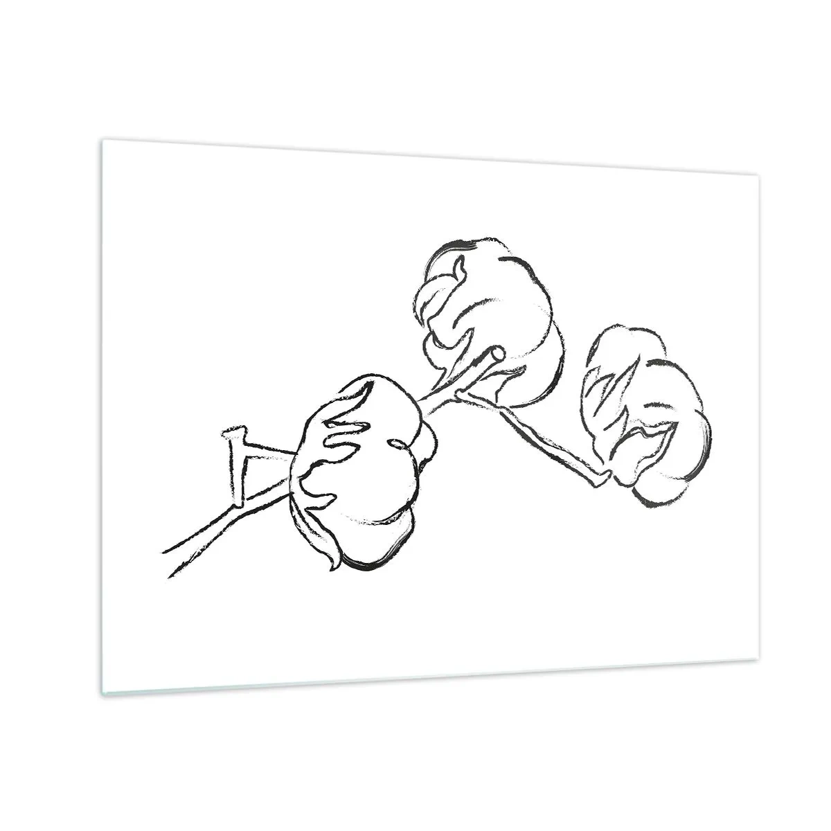 Quadro su vetro - Uno schizzo minimalista di un ramo di cotone disegnato con linee nere. - 70x50cm - Piumino di cotone - Decorazione murale moderna per soggiorno e camera da letto ARTTOR