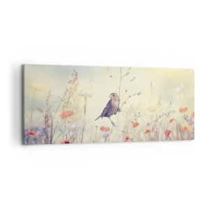 Quadro su tela - Stampe su Tela - Un uccello sullo sfondo di un prato colorato in colori pastello - 120x50cm - Ritratto d'uccello con prato di sfondo - Decorazione murale moderna per soggiorno e camera da letto ARTTOR