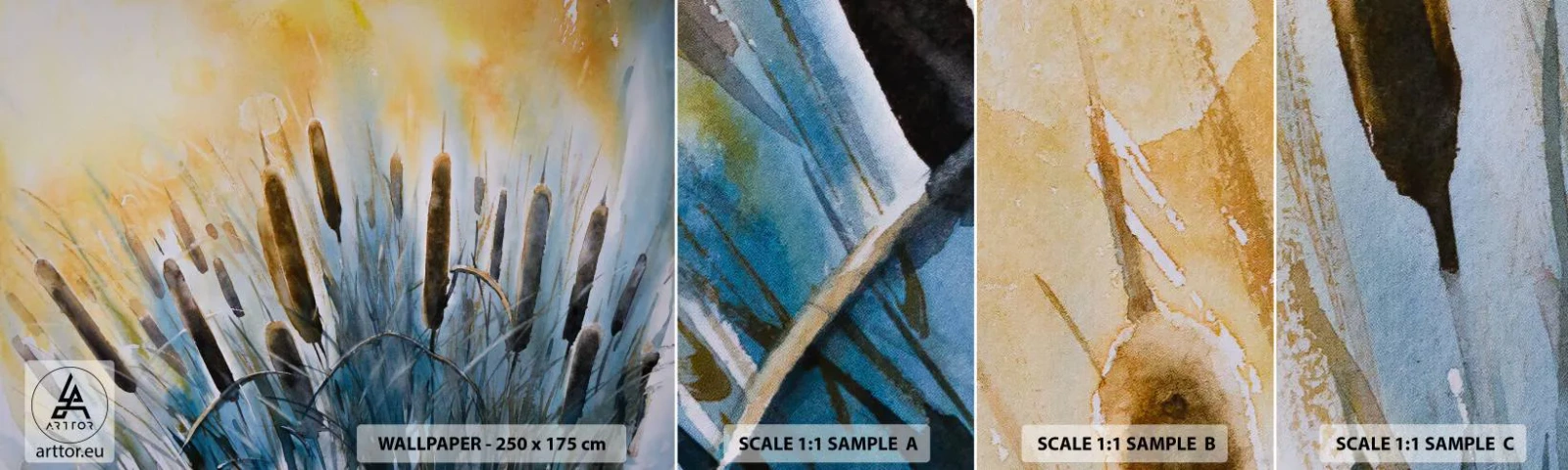 Campione Di Fotomurale Standard Eco - Fresco dell'acqua, calore del sole - Canna, Paesaggio, Fiori - 100x30 cm