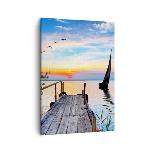 Quadro su tela - Stampe su Tela - Molo del lago con barca e tramonto - 50x70cm - Buona sera - Decorazione murale moderna per soggiorno e camera da letto ARTTOR