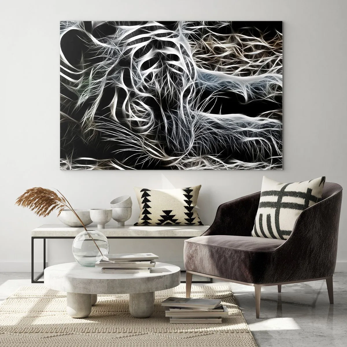 Quadro su vetro - Tigre astratta in linee luminose su sfondo nero - 70x50cm - Studio di leggerezza felina - Decorazione murale moderna per soggiorno e camera da letto ARTTOR
