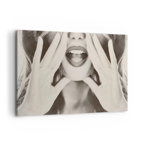 Quadro su tela - Stampe su Tela - Ritratto in bianco e nero di una donna con labbra e mani espressive - 120x80cm - Arrivo! - Decorazione murale moderna per soggiorno e camera da letto ARTTOR