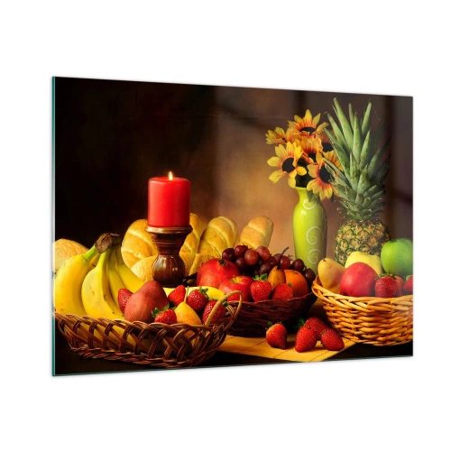 Quadro su vetro - Una composizione di frutta, pane e una candela in stile rustico - 100x70cm - Natura morta con pane e frutta - Decorazione murale moderna per soggiorno e camera da letto ARTTOR