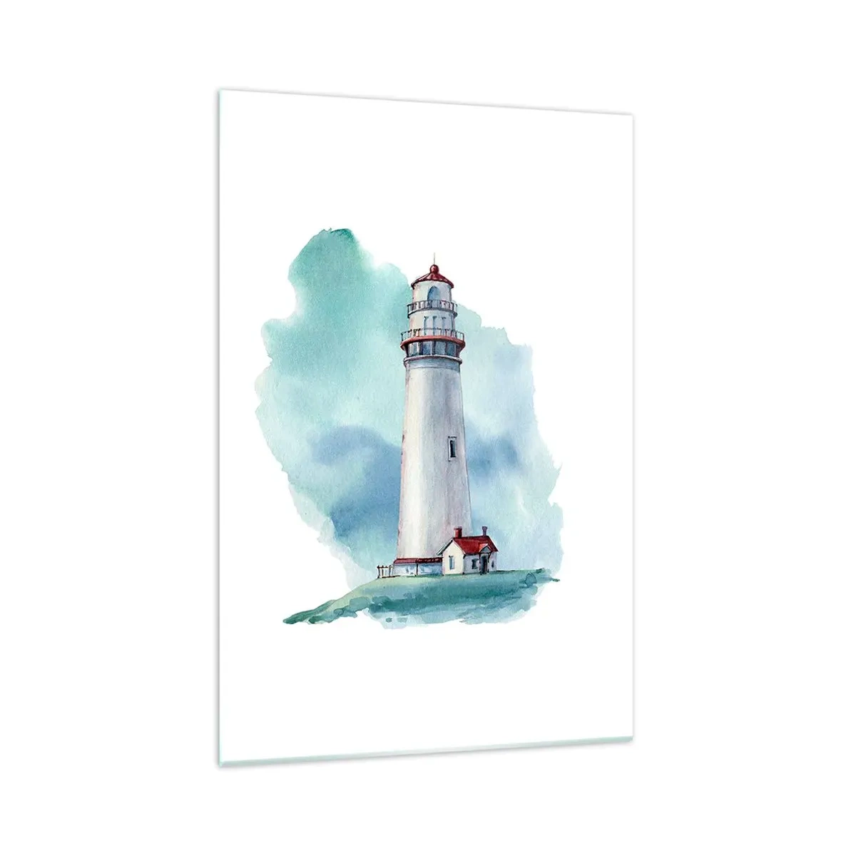 Quadro su vetro - Un faro su uno sfondo blu acquerello - 70x100cm - Il mite amico del blu - Decorazione murale moderna per soggiorno e camera da letto ARTTOR