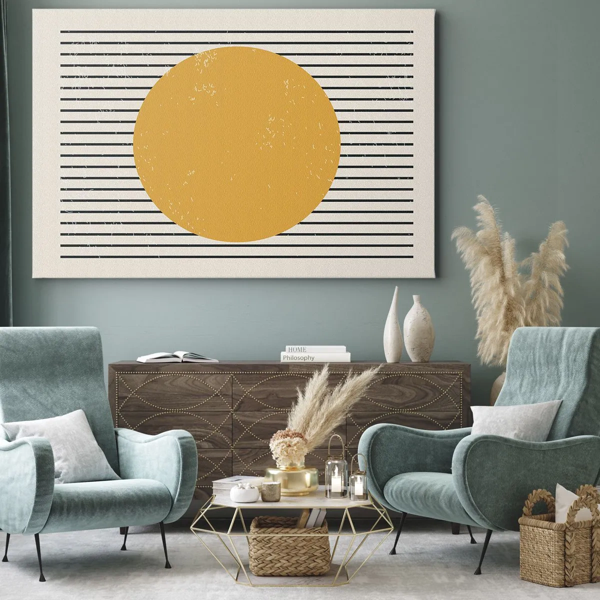 Quadro su tela - Stampe su Tela - Un cerchio giallo su uno sfondo di linee orizzontali bianche e nere - 70x50cm - La forza della semplicità - Decorazione murale moderna per soggiorno e camera da letto ARTTOR
