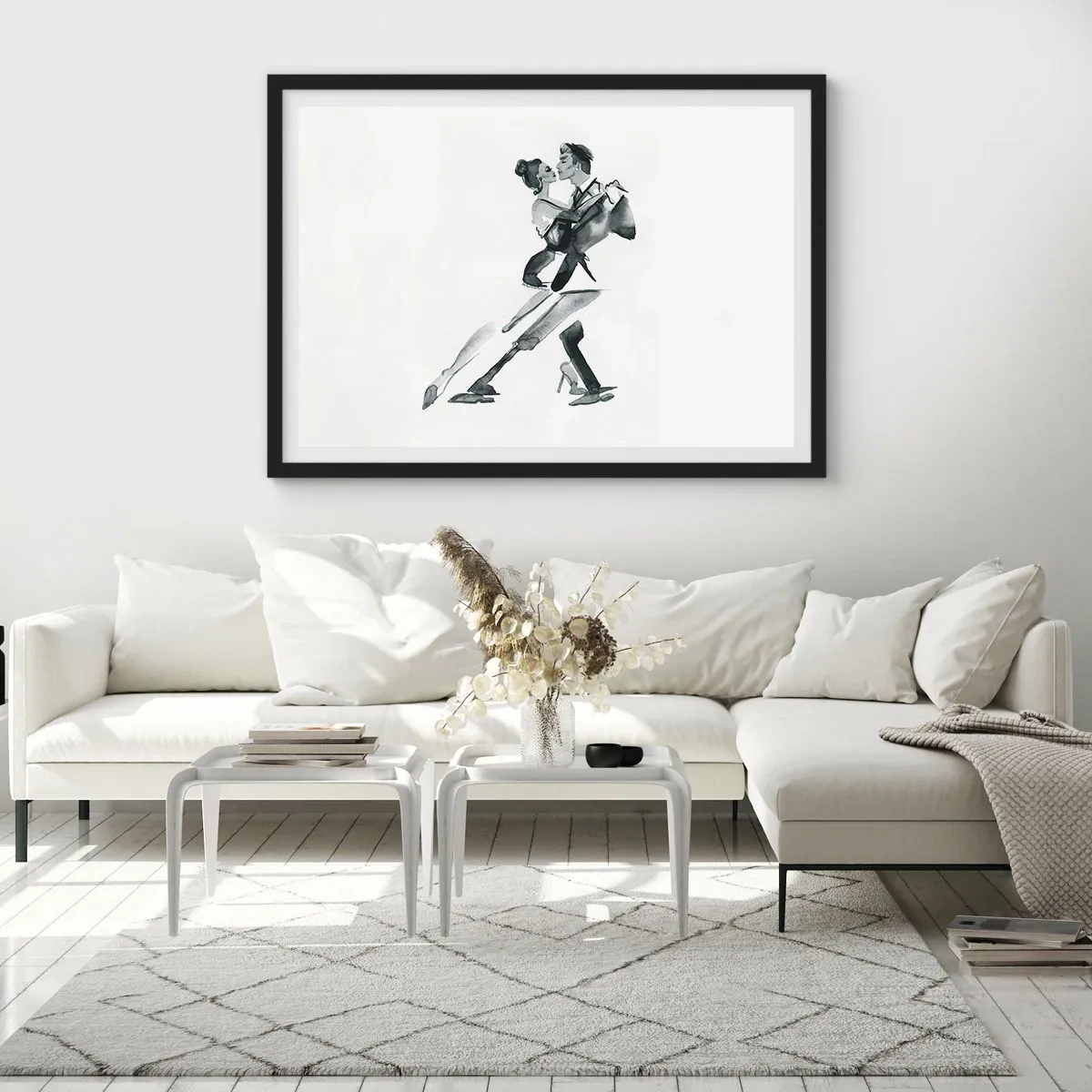 Poster in cornice nera - Una delicata illustrazione di una coppia che balla in stile monocromatico. - 100x70cm - In un unico ritmo - Decorazione murale moderna per soggiorno e camera da letto ARTTOR