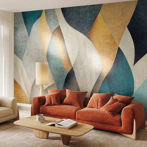 Fotomurali Premium Sand - Forme astratte nei toni dell'oro, del beige e del blu - 100x70cm - Ritmo e ondulazioni - Decorazione murale moderna per soggiorno e camera da letto ARTTOR