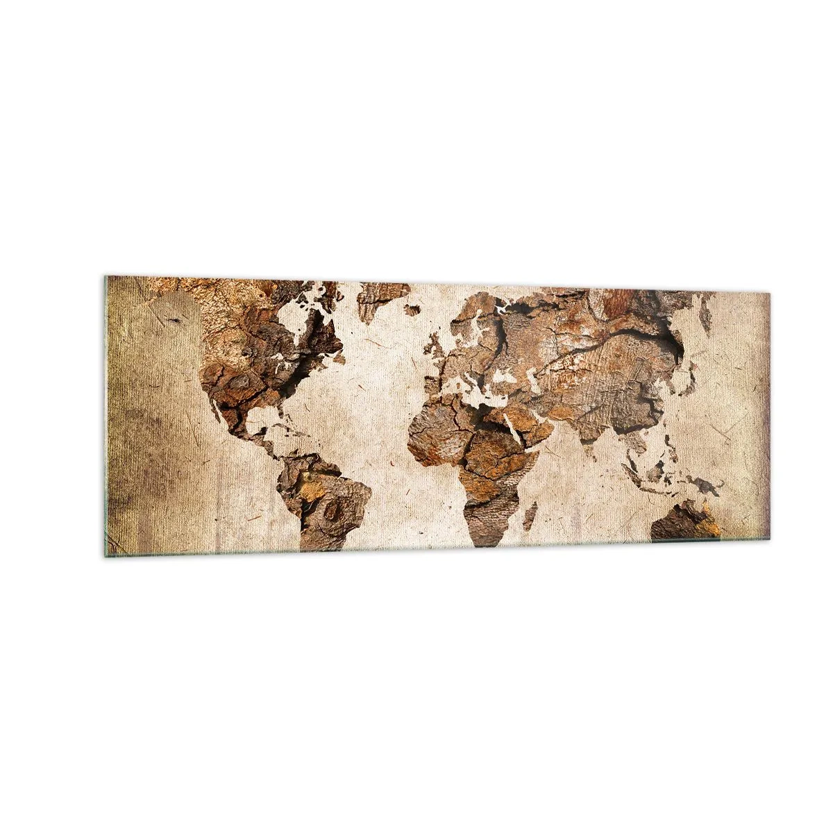 Quadro su vetro - Una mappa del mondo in stile rustico in legno - 140x50cm - Alla scoperta del mondo - Decorazione murale moderna per soggiorno e camera da letto ARTTOR