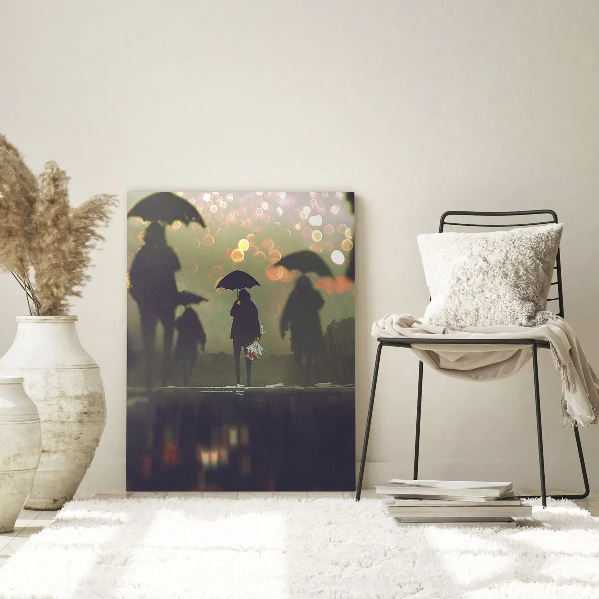 Quadro su vetro - Figure con ombrelli sotto la pioggia sullo sfondo delle luci della città - 50x70cm - Dalla prospettiva di una goccia di pioggia - Decorazione murale moderna per soggiorno e camera da letto ARTTOR